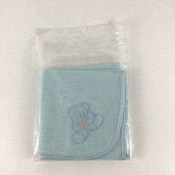 Waffle Weave Blanket Teddy Bear Nursery Lovey Satin Trim 27"x30" Vintage Sears 3